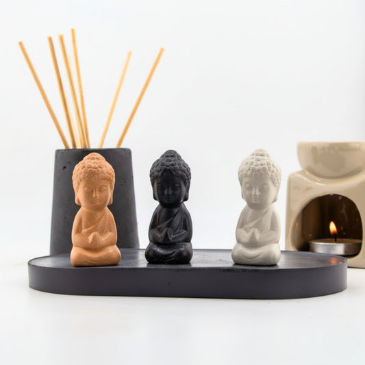 Set Zen de 3 Monitos Buda – Terracota, Negro, Café y Blanco – Figuras Decorativas Minimalistas | Accesorios Zen para Espacios de Bienestar y Meditación