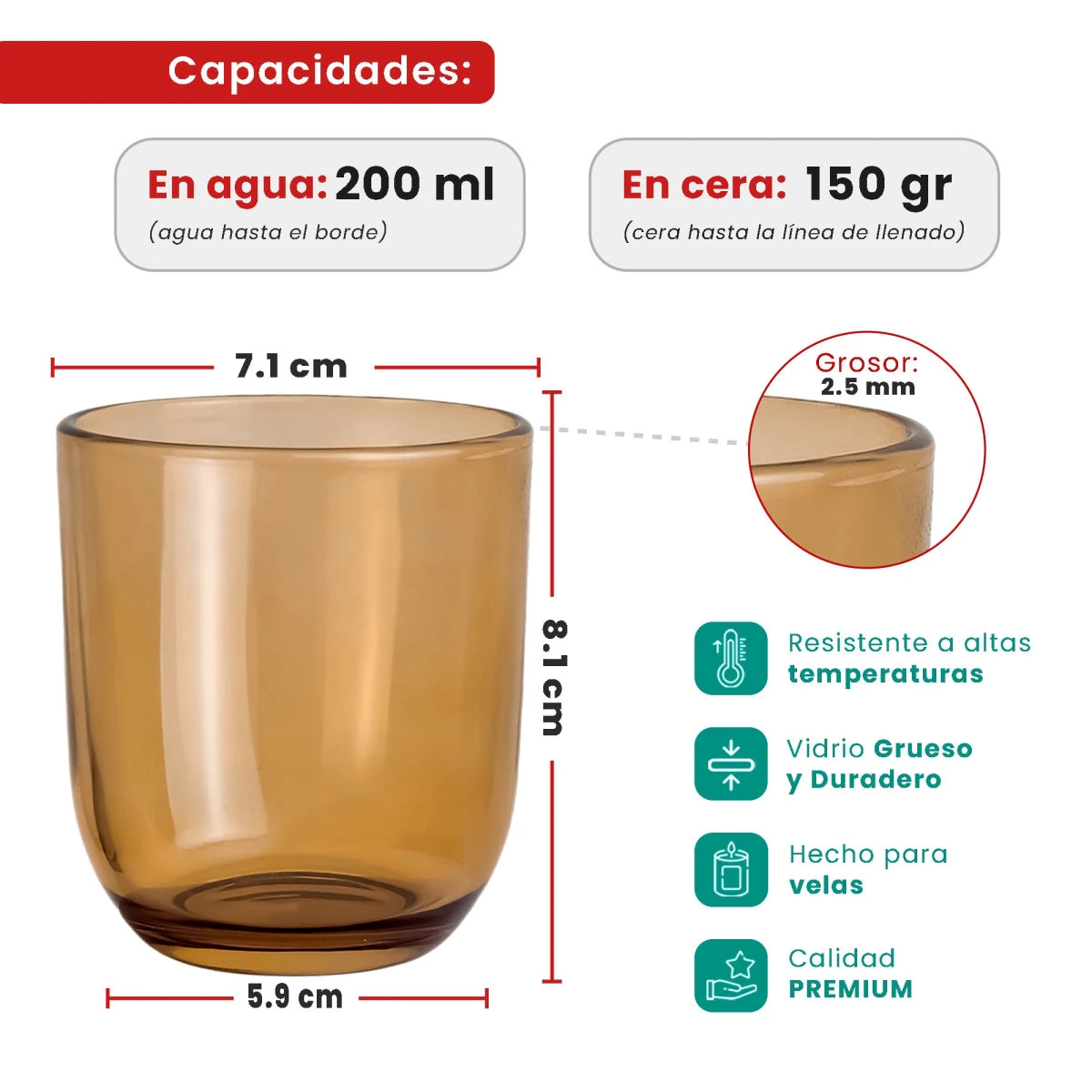 200ml - Valencia Vaso de Vidrio para Velas con Base Redondo - Frasco Ámbar Transparente - Candle Craft