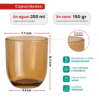 200ml - Valencia Vaso de Vidrio para Velas con Base Redondo - Frasco Ámbar Transparente - Candle Craft