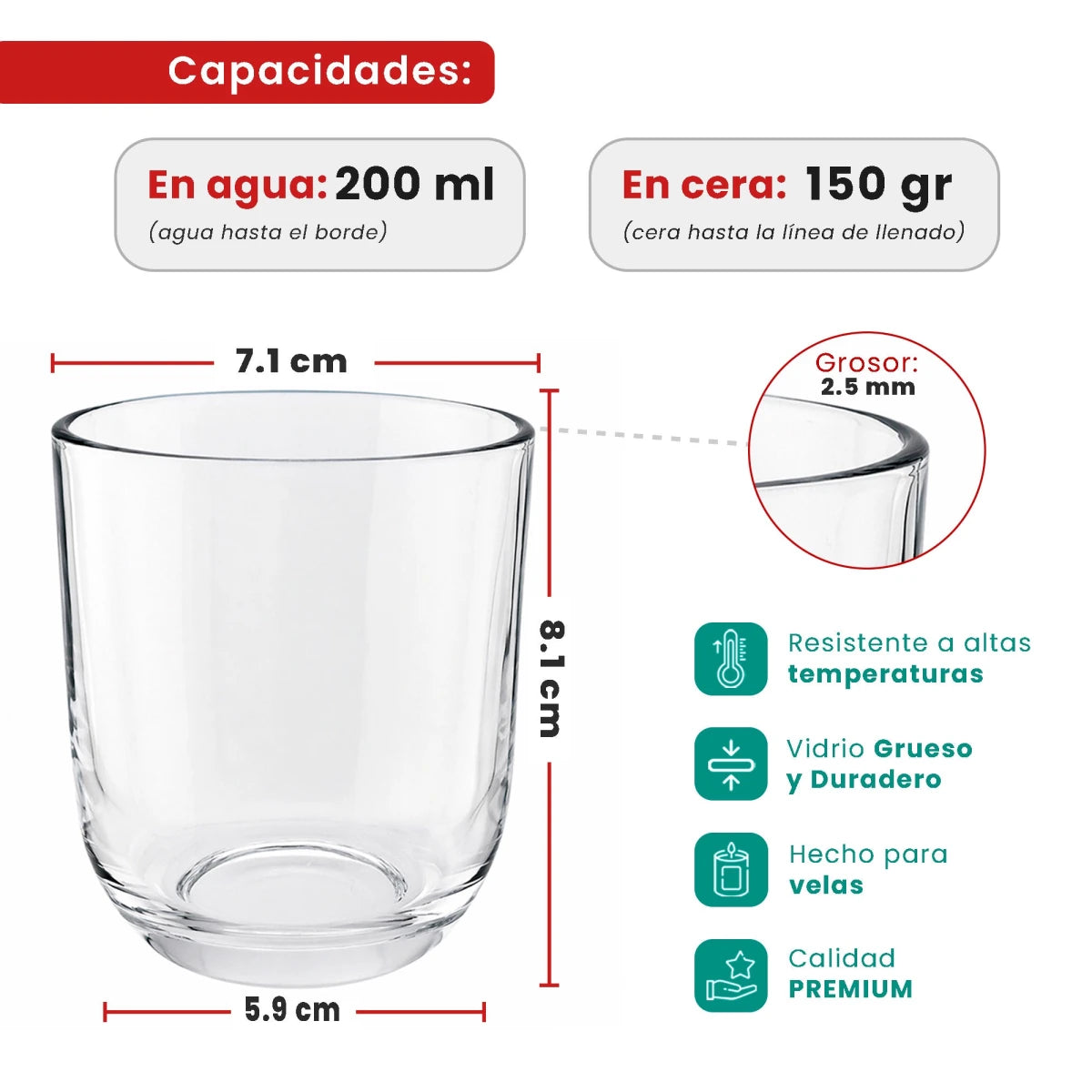 200ml - Valencia Vaso de Vidrio para Velas con Base Redondo - Frasco Cristal Transparente - Candle Craft