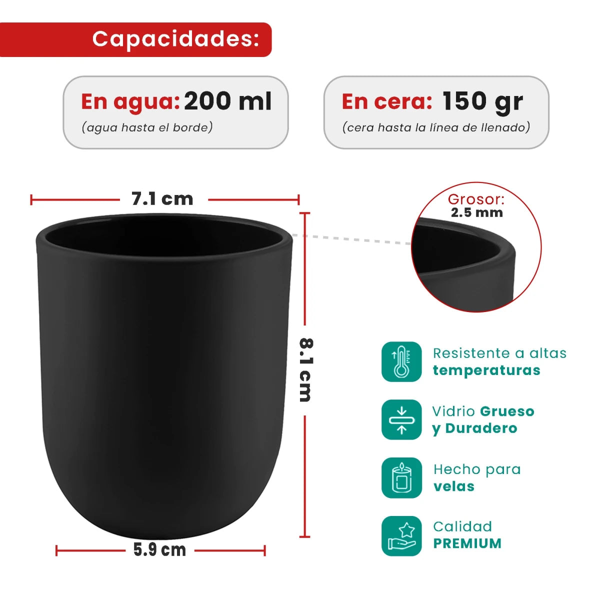 200ml - Valencia Vaso de Vidrio para Velas con Base Redondo - Negro Mate - Candle Craft