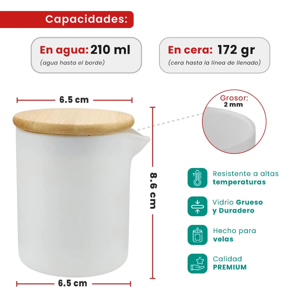 210ml - Bali Vaso de Vidrio para Velas de Masaje con Tapa de Bambú - Frasco con Boquilla vertedora - Blanco Mate - Candle Craft