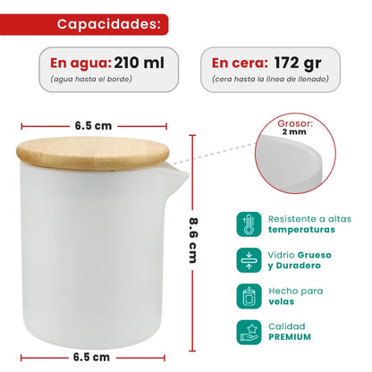 210ml - Bali Vaso de Vidrio para Velas de Masaje con Tapa de Bambú - Frasco con Boquilla vertedora - Blanco Mate - Candle Craft