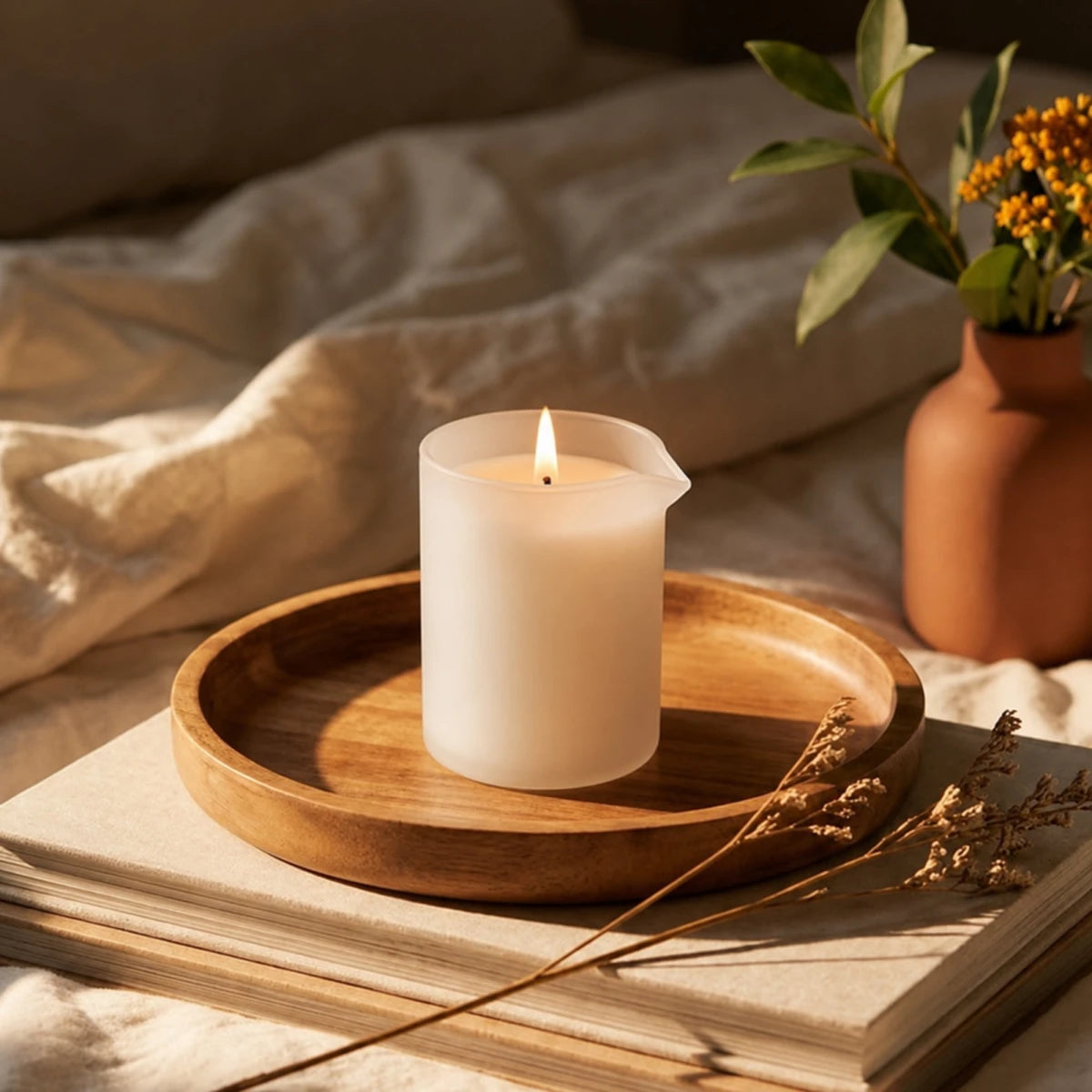 210ml - Bali Vaso de Vidrio para Velas de Masaje con Tapa de Bambú - Frasco con Boquilla vertedora - Blanco Mate - Candle Craft