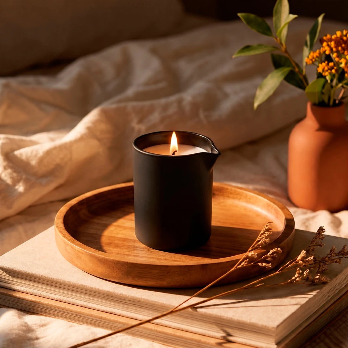 210ml - Bali Vaso de Vidrio para Velas de Masaje con Tapa de Bambú - Frasco con Boquilla vertedora - Negro Mate - Candle Craft