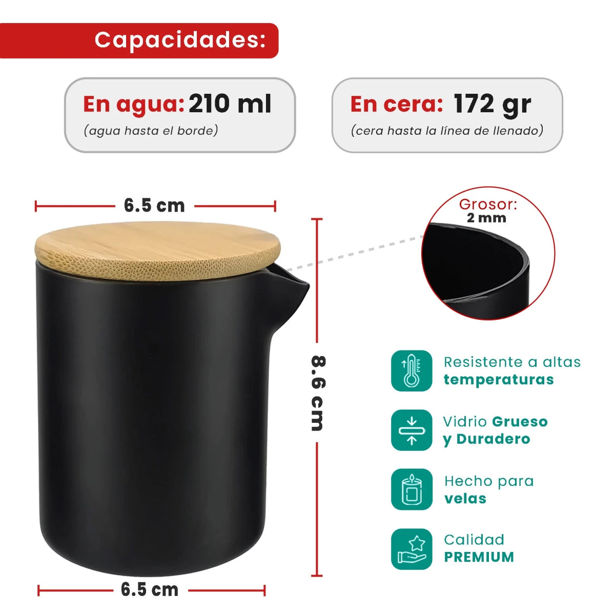 210ml - Bali Vaso de Vidrio para Velas de Masaje con Tapa de Bambú - Frasco con Boquilla vertedora - Negro Mate - Candle Craft