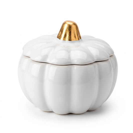 210ml - Colección Hechizo - Calabaza de Cerámica para Velas - Frasco Blanco / Dorado (Edición Especial de Halloween) - Candle Craft