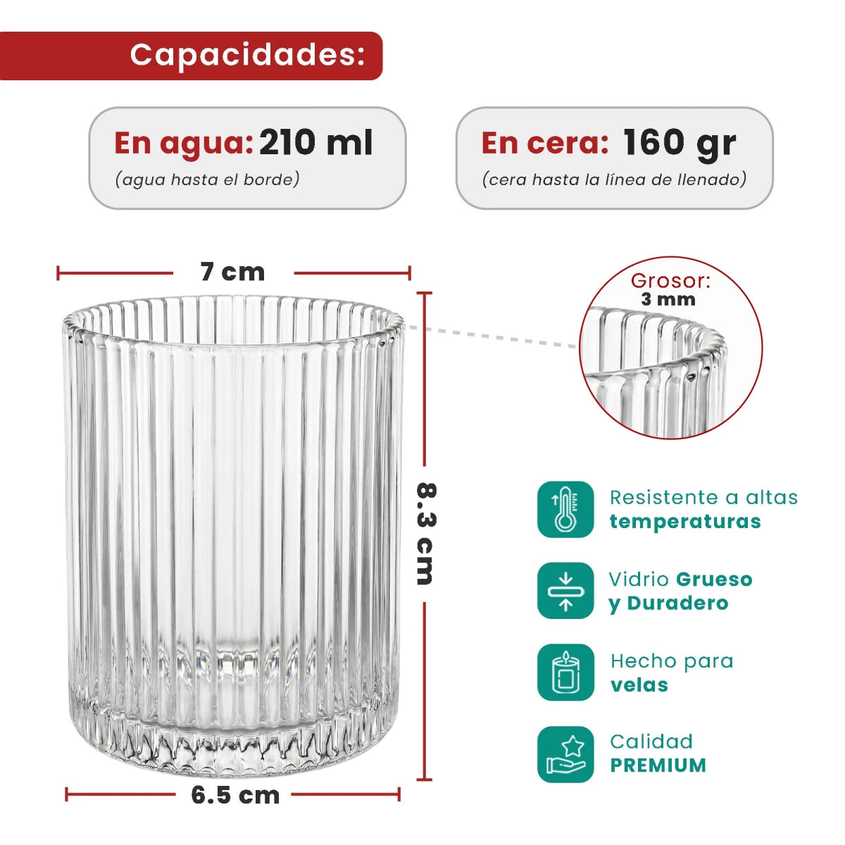 210ml - Mónaco Vaso de Vidrio Acanalado - Vaso Estriado para Velas - Cristal Transparente - Candle Craft