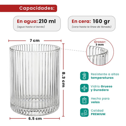 210ml - Mónaco Vaso de Vidrio Acanalado - Vaso Estriado para Velas - Cristal Transparente - Candle Craft
