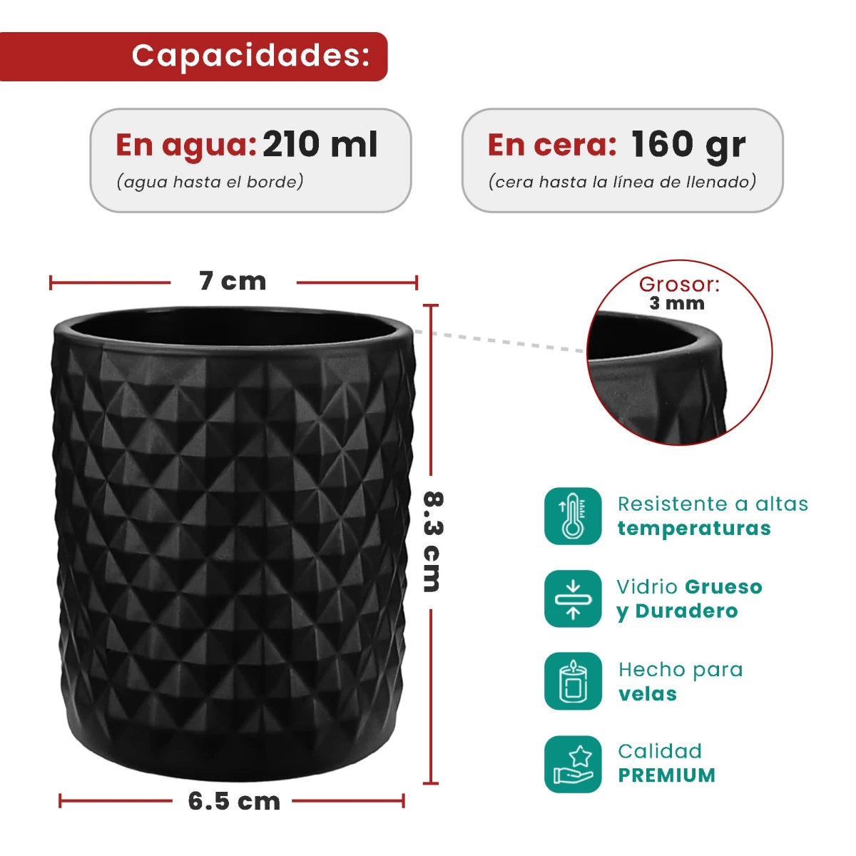 210ml - Mónaco Vaso de Vidrio con diseño Diamante - Frasco para Velas - Negro Mate - Candle Craft
