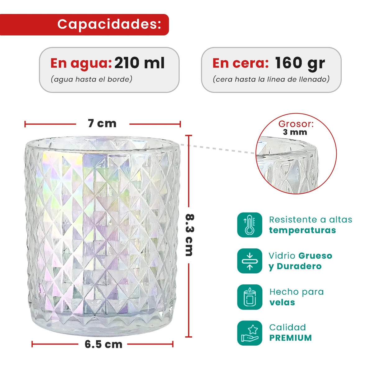 210ml - Mónaco Vaso de Vidrio con diseño Diamante - Frasco para Velas - Tornasol Transparente - Candle Craft