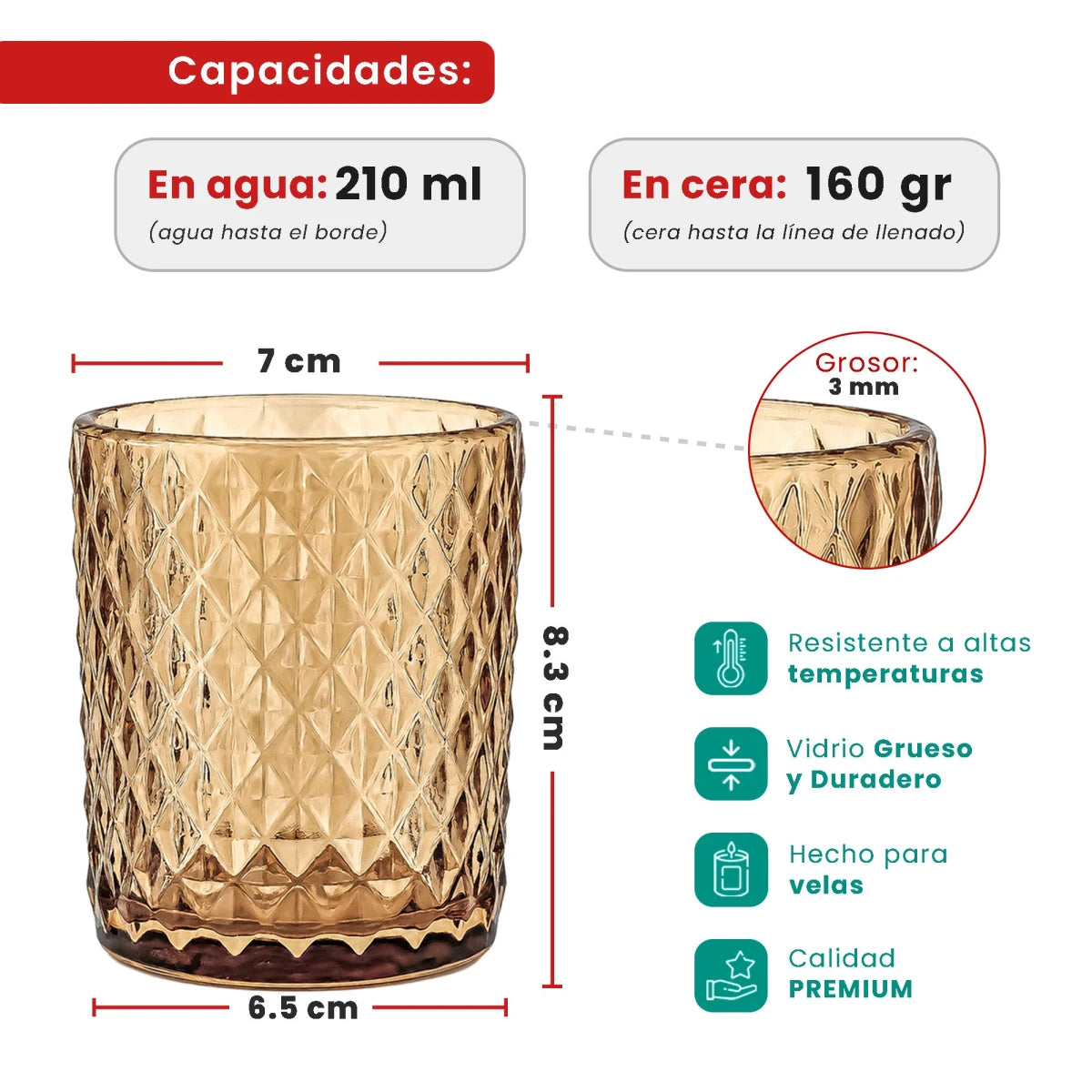 210ml - Mónaco Vaso de Vidrio diseño Diamante - Frasco para Velas - Ámbar Champagne Transparente - Candle Craft