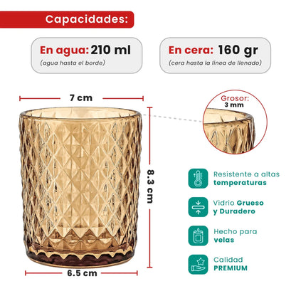 210ml - Mónaco Vaso de Vidrio diseño Diamante - Frasco para Velas - Ámbar Champagne Transparente - Candle Craft