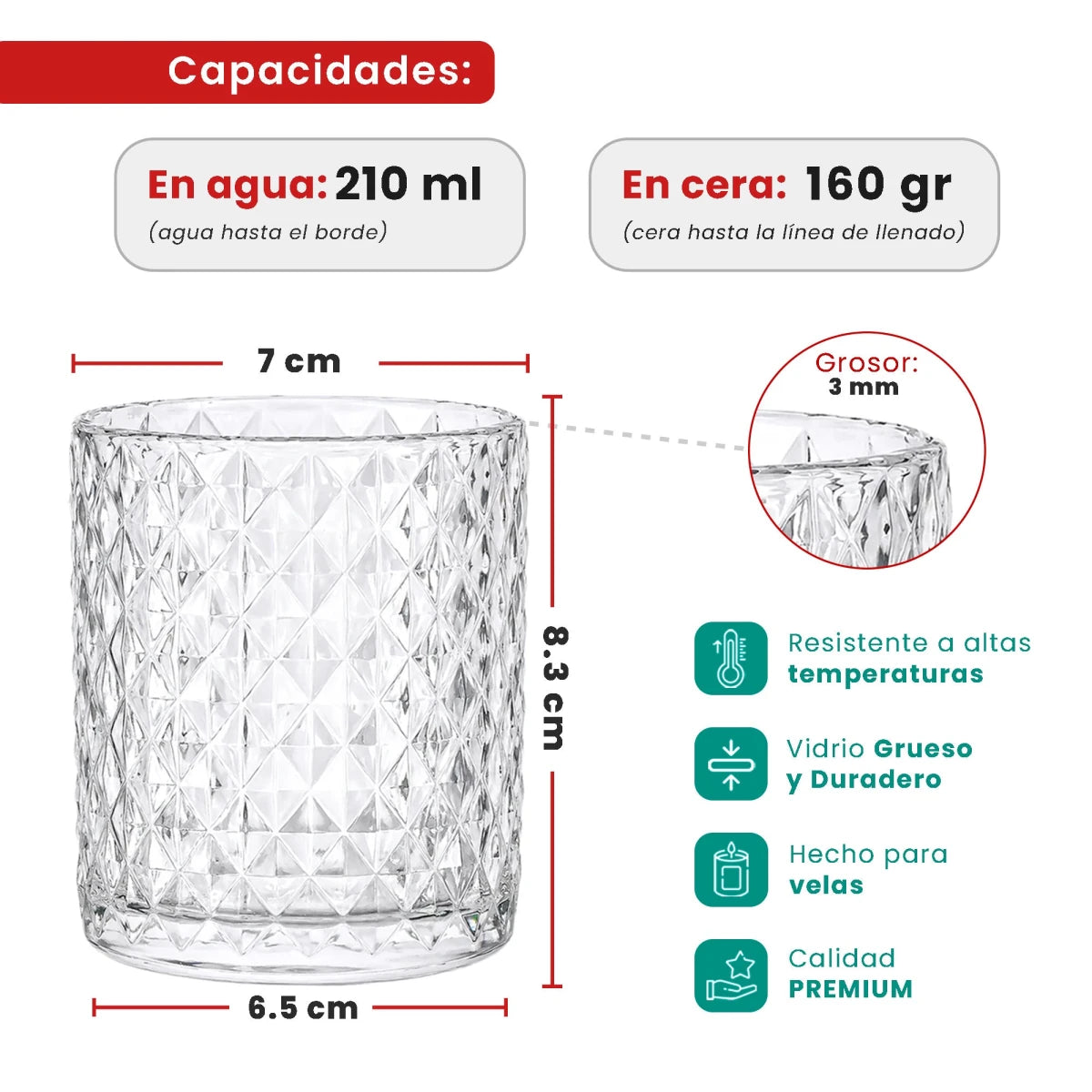 210ml - Mónaco Vaso de Vidrio diseño Diamante - Frasco para Velas - Cristal Transparente - Candle Craft