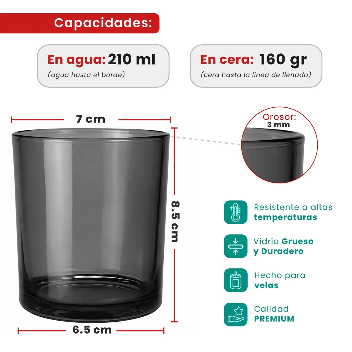 210ml - Mónaco Vaso de vidrio para velas - Frasco Gris Transparente - Candle Craft