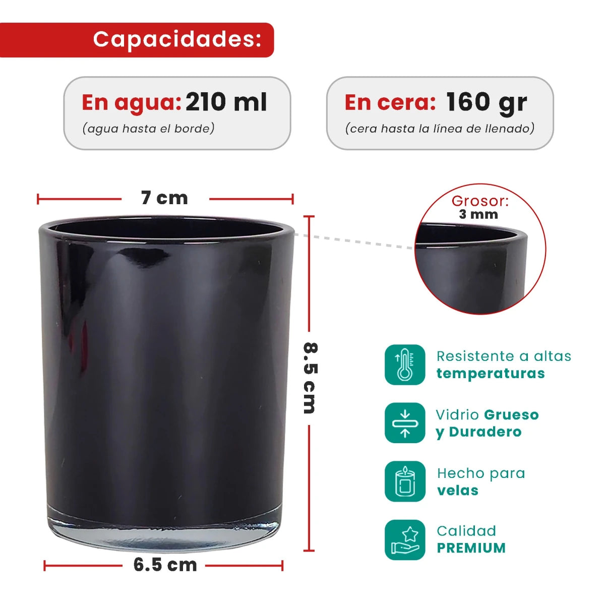 210ml - Mónaco Vaso de vidrio para velas - Negro Brillante - Candle Craft