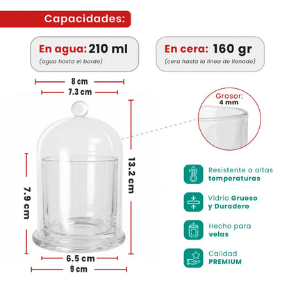 210ml Venecia - Vaso de Vidrio con Campana de vidrio - Frasco Cristal Transparente - Candle Craft