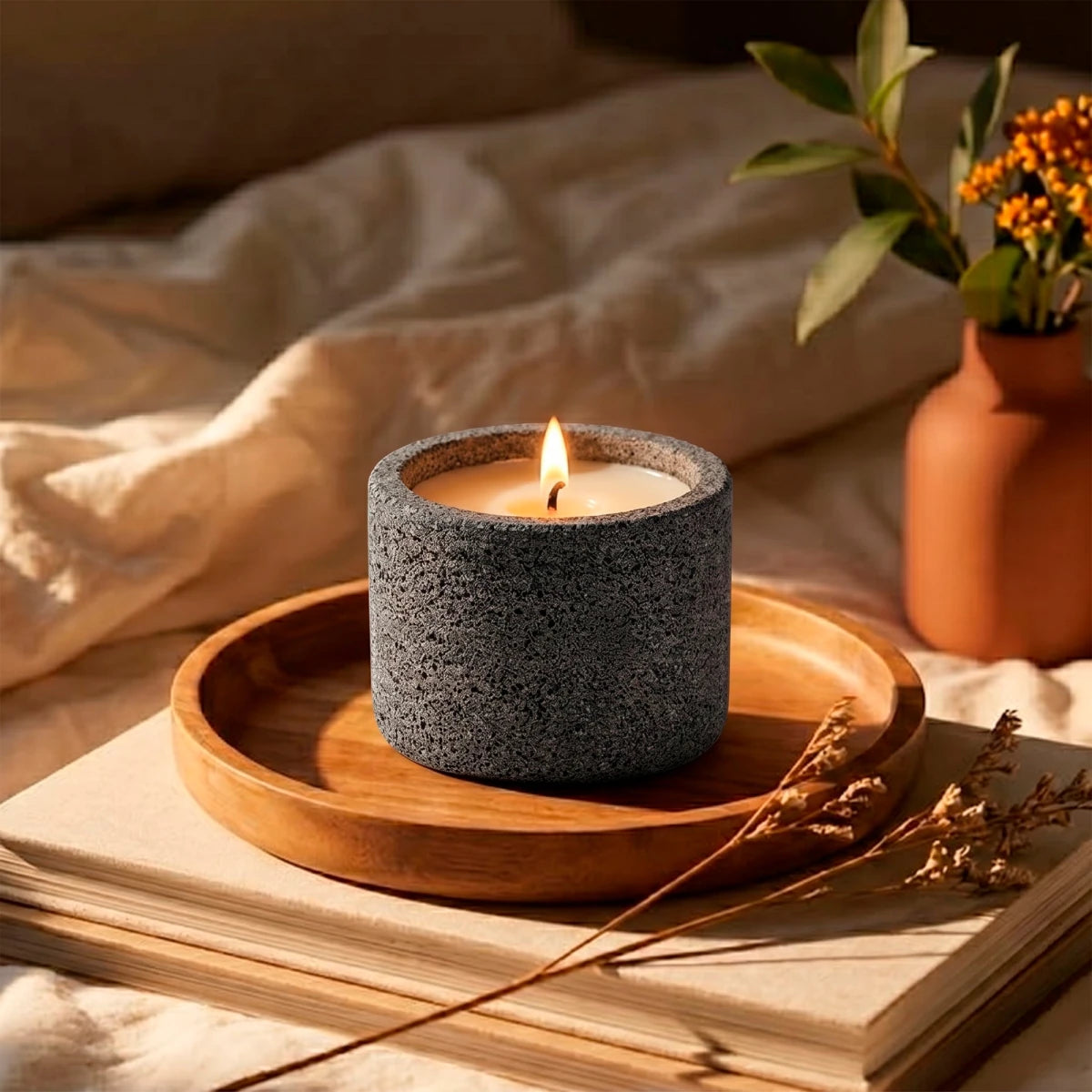 230ml - Carrara Vaso de Concreto para velas con Tapa de Madera - Frasco Gris Oxford - Candle Craft