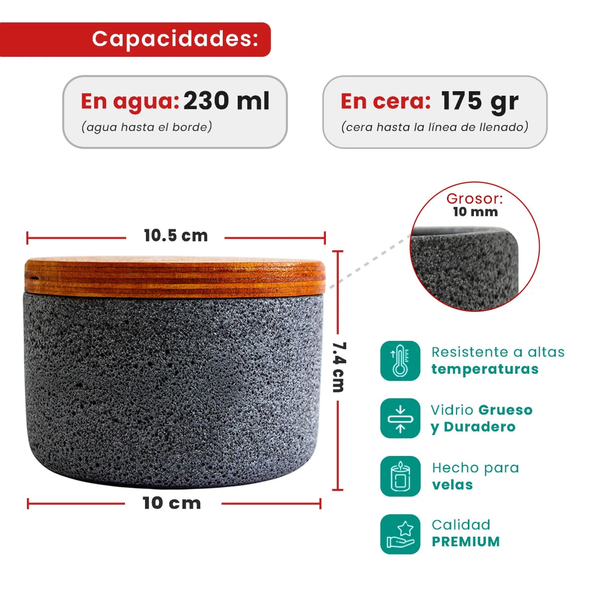 230ml - Carrara Vaso de Concreto para velas con Tapa de Madera - Gris Oxford - Candle Craft