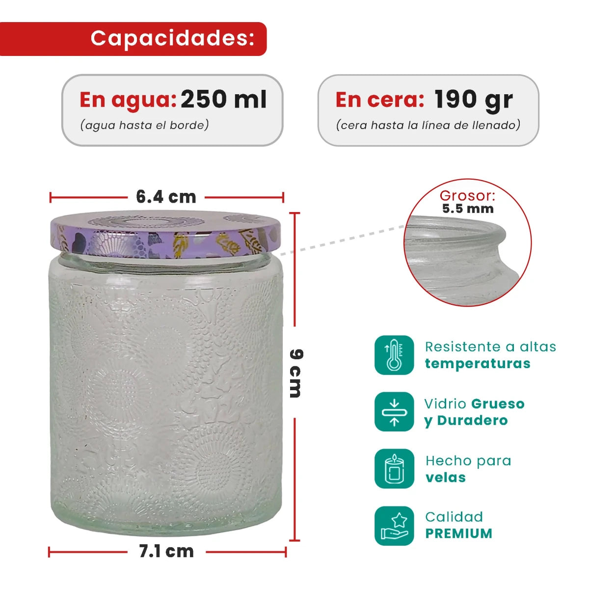 250ml - Londres Vaso de vidrio para velas - Frasco Cristal Transparente Relieve - Candle Craft