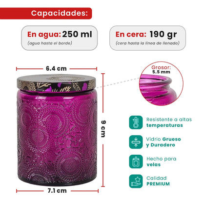 250ml - Londres Vaso de vidrio para velas - Frasco Morado Relieve - Candle Craft