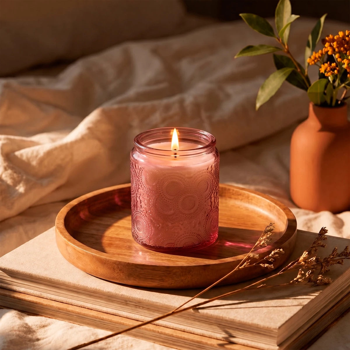 250ml - Londres Vaso de vidrio para velas - Frasco Rosa con Relieve - Candle Craft