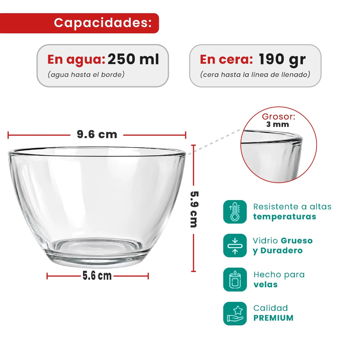 250ml - Mónaco Vaso de vidrio para velas - Frasco Ancho Mini Bowl Bol - Cristal Transparente - Candle Craft