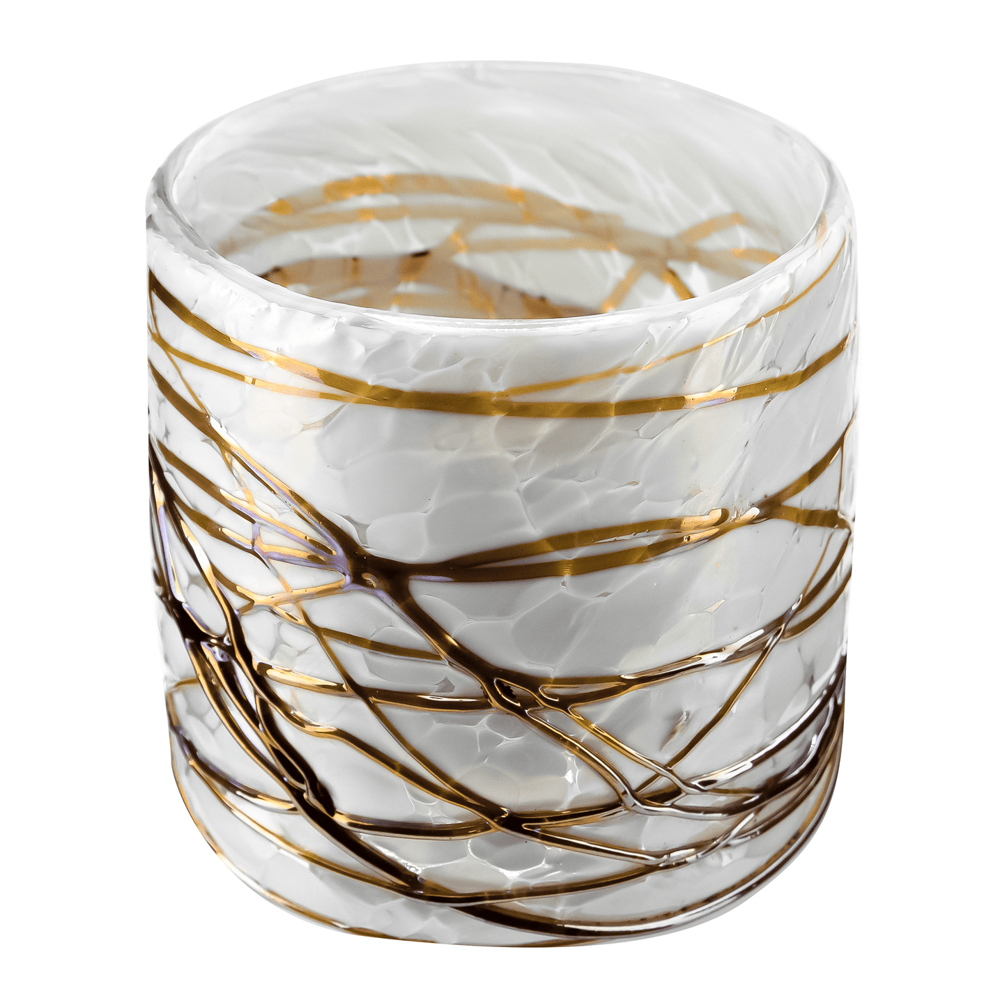 260ml - Florencia Vaso de vidrio soplado artesanal - Blanco Marmoleado / Telarañas Dorado Caramelo - Hecho a mano - Candle Craft