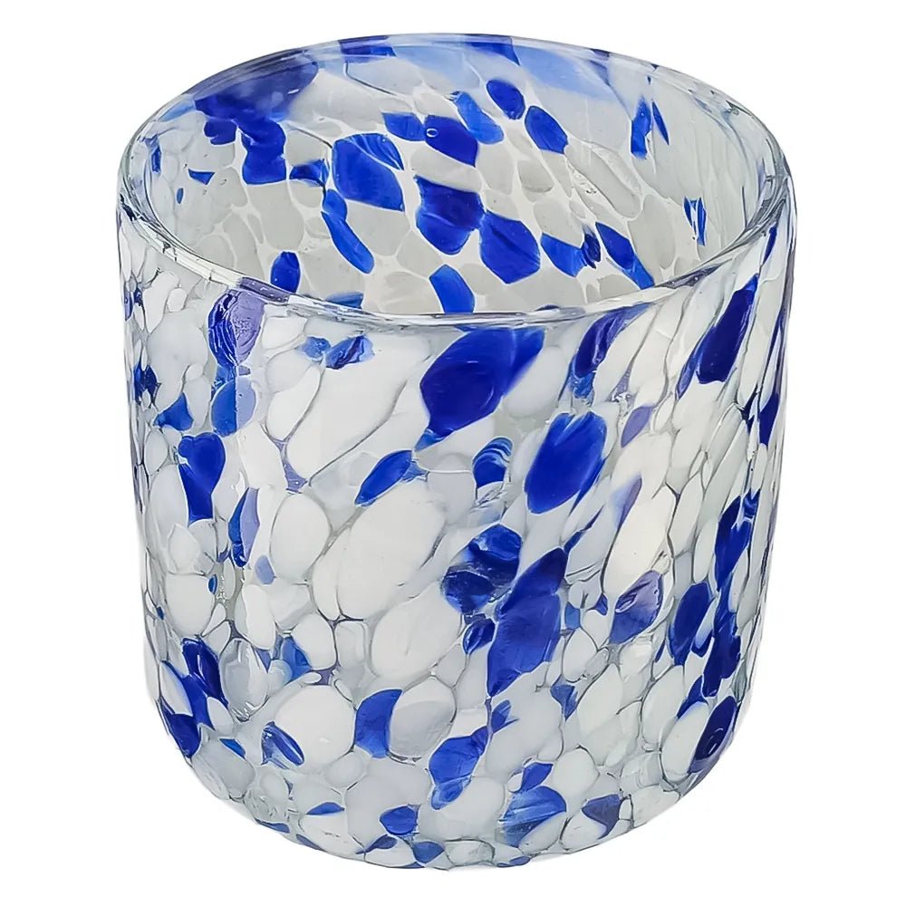 260ml - Florencia Vaso de vidrio soplado artesanal - Frasco Transparente / Puntos Manchas Azul Blanco - Hecho a mano - Candle Craft