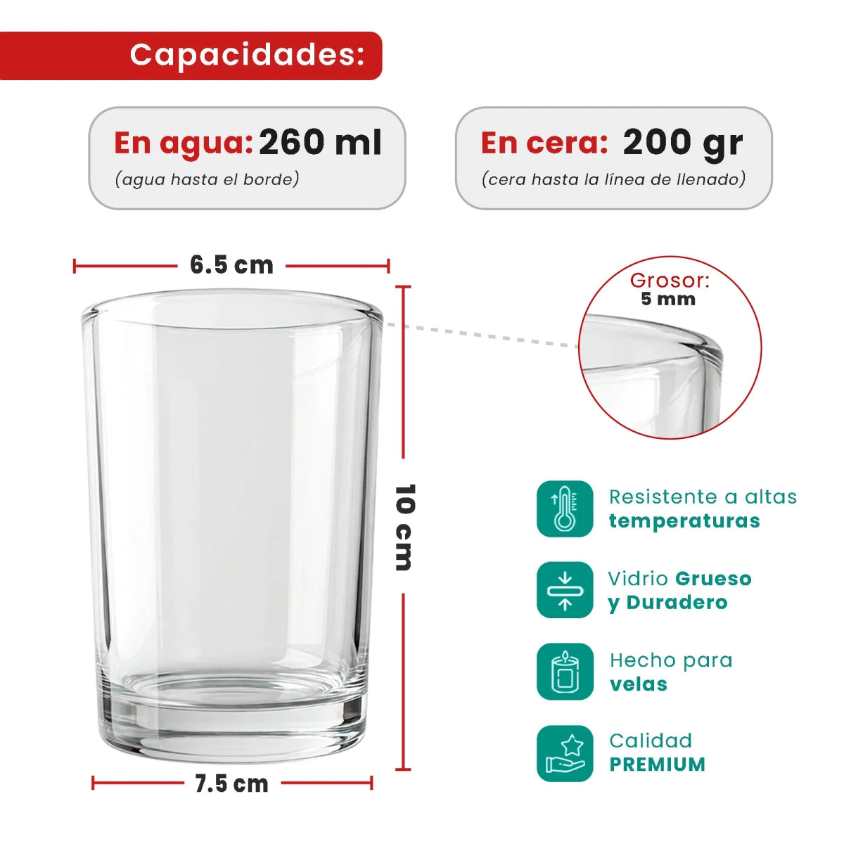 260ml - Mónaco Vaso de vidrio para velas - Frasco Cristal Transparente - Candle Craft