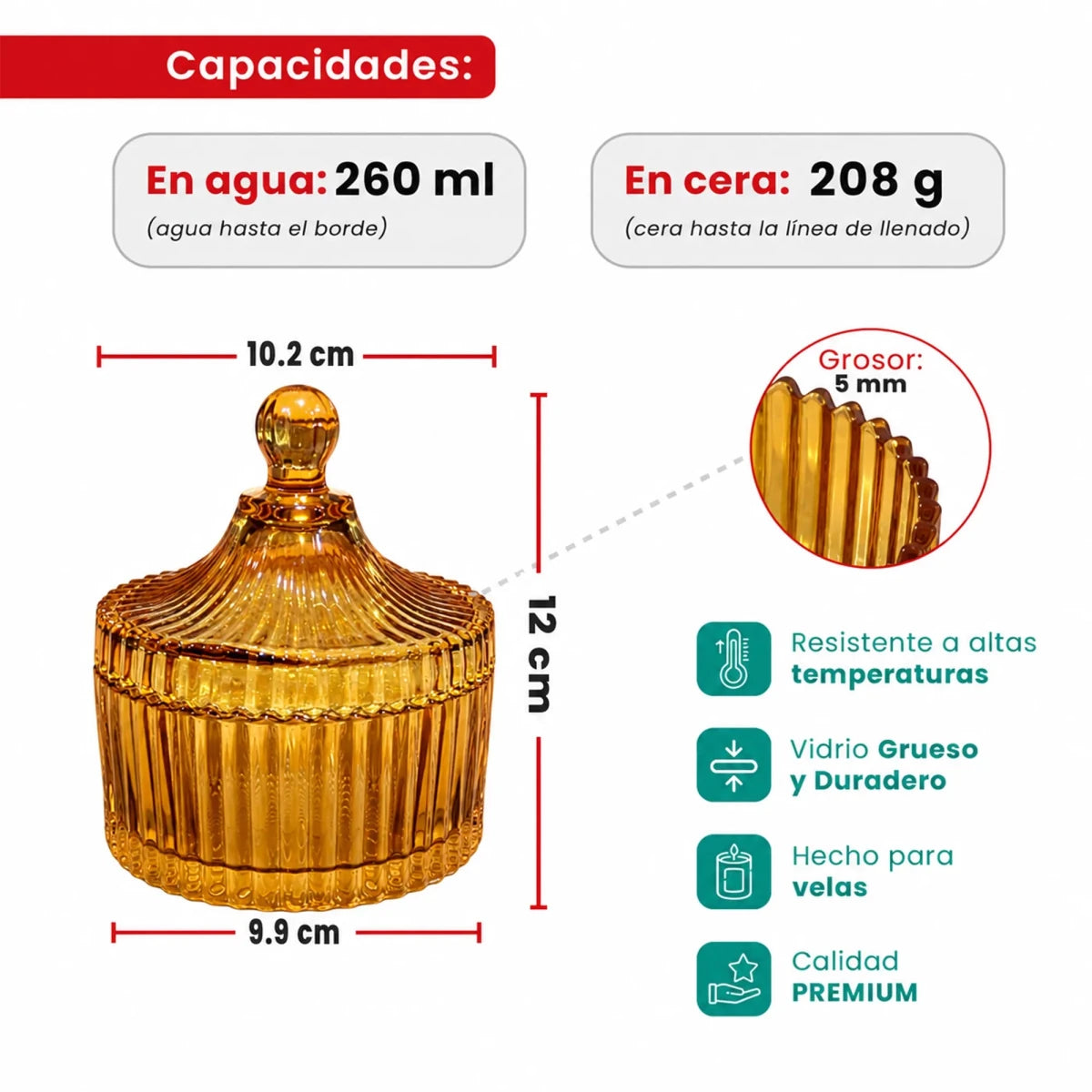 260ml - Versalles Vaso de Lujo de Vidrio para Velas - Frasco Ámbar Brillante - Candle Craft