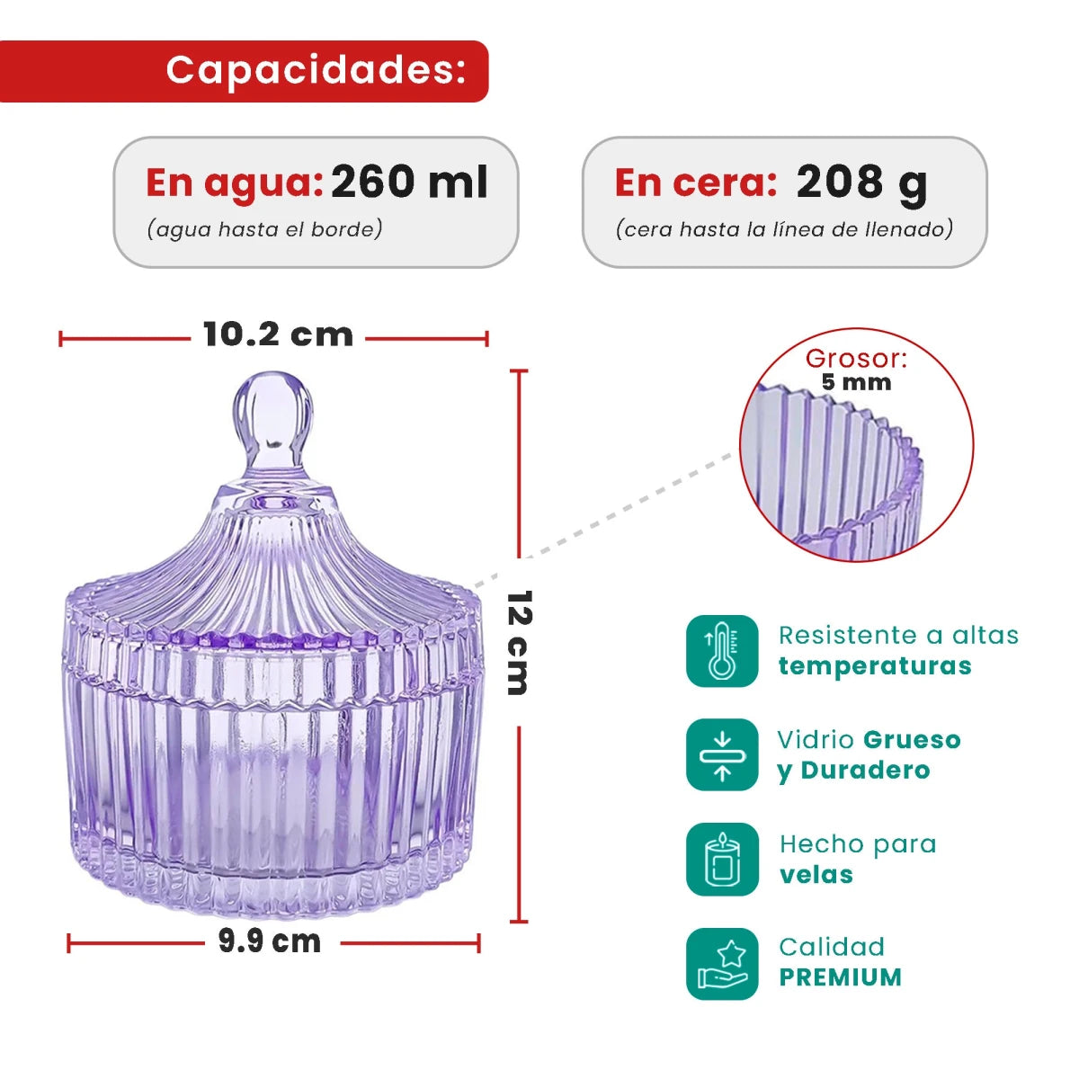 260ml - Versalles Vaso de Lujo de Vidrio para Velas - Frasco Morado Claro Transparente Brillante - Candle Craft