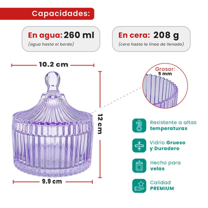 260ml - Versalles Vaso de Lujo de Vidrio para Velas - Frasco Morado Claro Transparente Brillante - Candle Craft