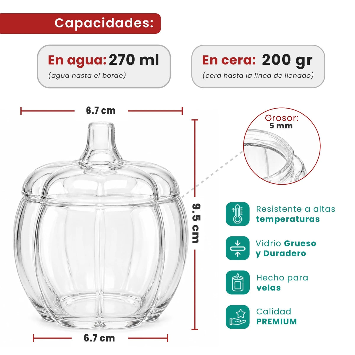 270ml - Calabaza de Vidrio para Velas - Vaso Decorativo para Halloween - Cristal Transparente - Candle Craft