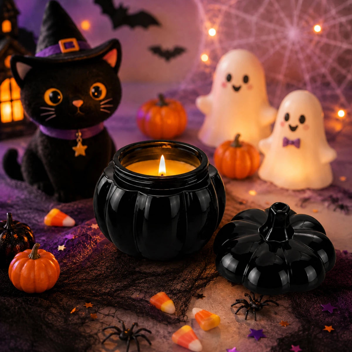 270ml - Calabaza de Vidrio para Velas - Vaso Decorativo para Halloween - Frasco Negro Brillante - Candle Craft