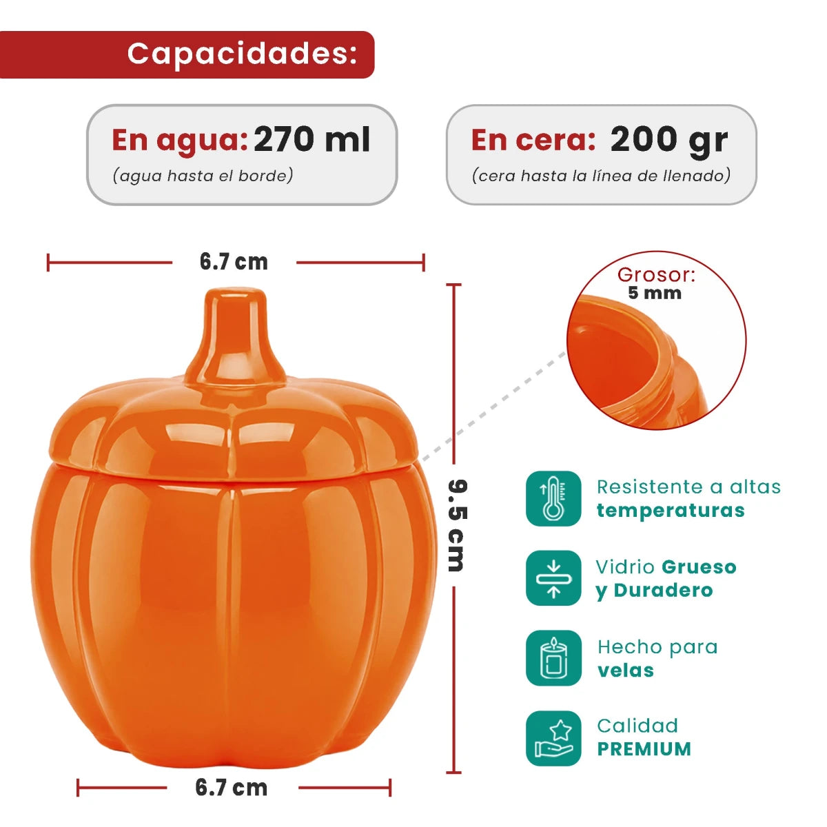 270ml - Calabaza de Vidrio para Velas - Vaso Decorativo para Halloween - Naranja Brillante - Candle Craft