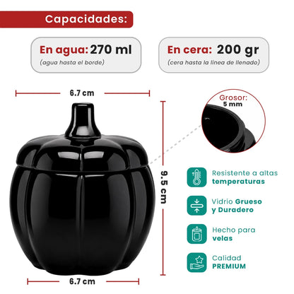 270ml - Calabaza de Vidrio para Velas - Vaso Decorativo para Halloween - Negro Brillante - Candle Craft