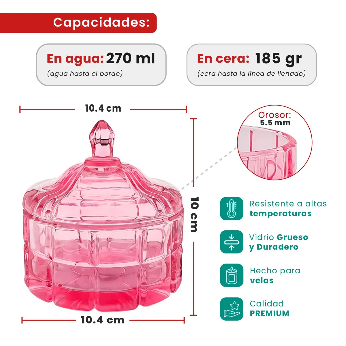 270ml - Cannes Vaso de lujo de vidrio para velas - Frasco de Vidrio Rosa - Candle Craft