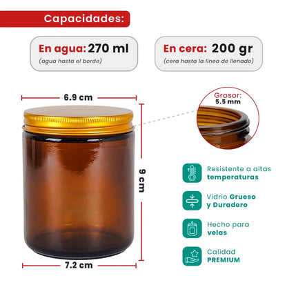 270ml - Miami Vaso de vidrio con rosca para velas - Ámbar con tapa dorada - Candle Craft