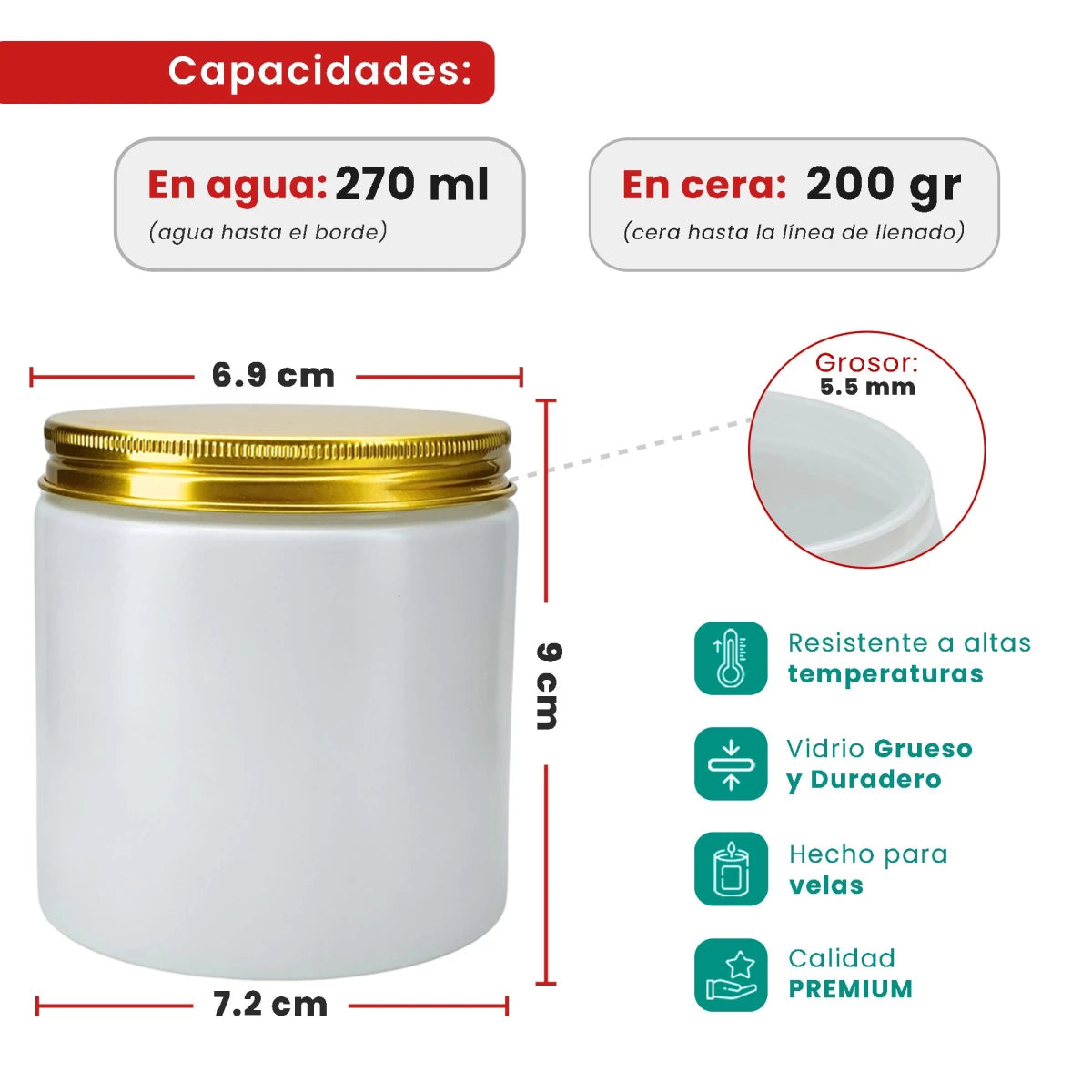 270ml - Miami Vaso de vidrio con rosca para velas - Blanco Mate con tapa Dorada - Candle Craft
