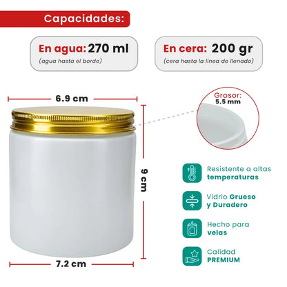 270ml - Miami Vaso de vidrio con rosca para velas - Blanco Mate con tapa Dorada - Candle Craft