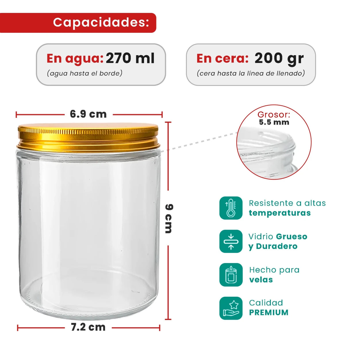 270ml - Miami Vaso de vidrio con rosca para velas - Transparente con tapa dorada - Candle Craft
