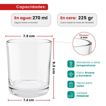 270ml - Mónaco Vaso de Vidrio con Base Gruesa - Frasco Old Fashioned para Velas - Cristal Transparente - Candle Craft
