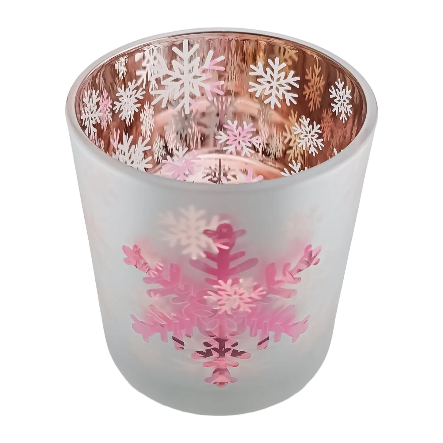 300ml - Mónaco Vaso de vidrio para velas - Blanco Mate / Rosa Metálico con Copos de Nieve - Diseño navideño