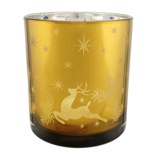 300ml - Mónaco Vaso de vidrio para velas - Dorado con Silueta de Estrellas Renos Navideñas