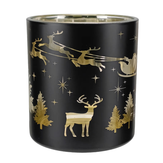 300ml - Mónaco Vaso de vidrio para velas - Negro Mate / Metálico con Siluetas de Reno y Pino