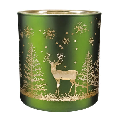 300ml - Mónaco Vaso de vidrio para velas - Verde Mate / Metálico con Silueta de Pinos de Navidad y Renos
