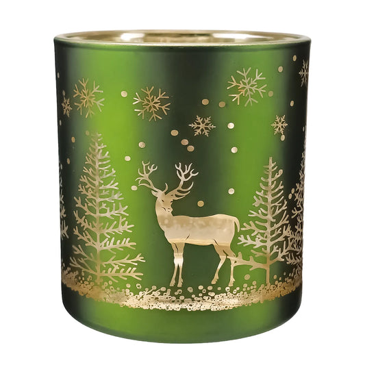 300ml - Mónaco Vaso de vidrio para velas - Verde Mate / Metálico con Silueta de Pinos de Navidad y Renos