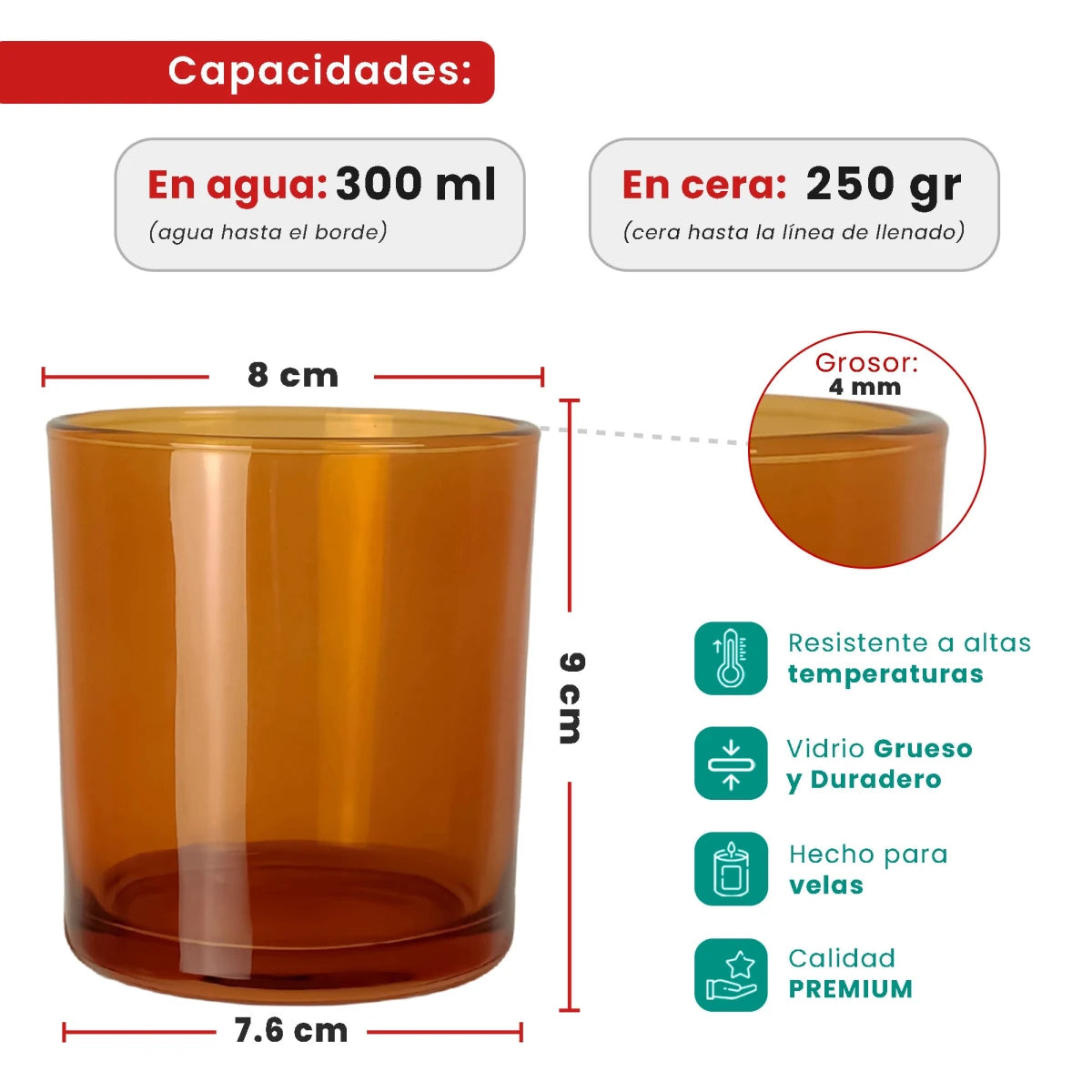 300ml - Mónaco Vaso de vidrio para velas - Ámbar Café Marrón - Transparente - Candle Craft