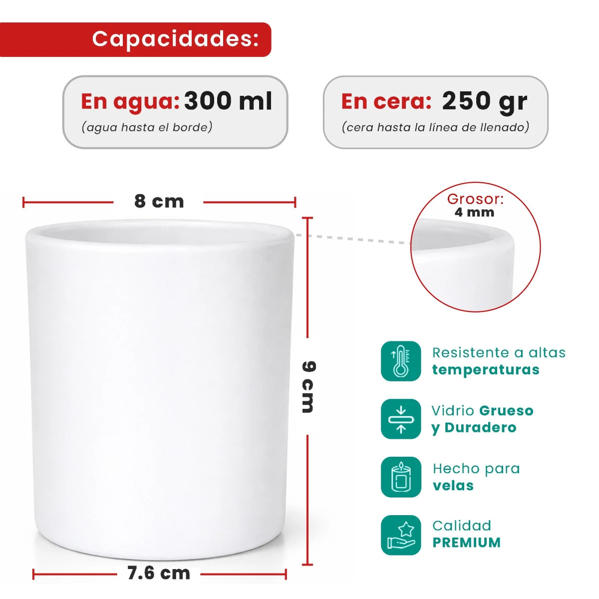 300ml - Mónaco Vaso de vidrio para velas - Blanco Mate - Candle Craft